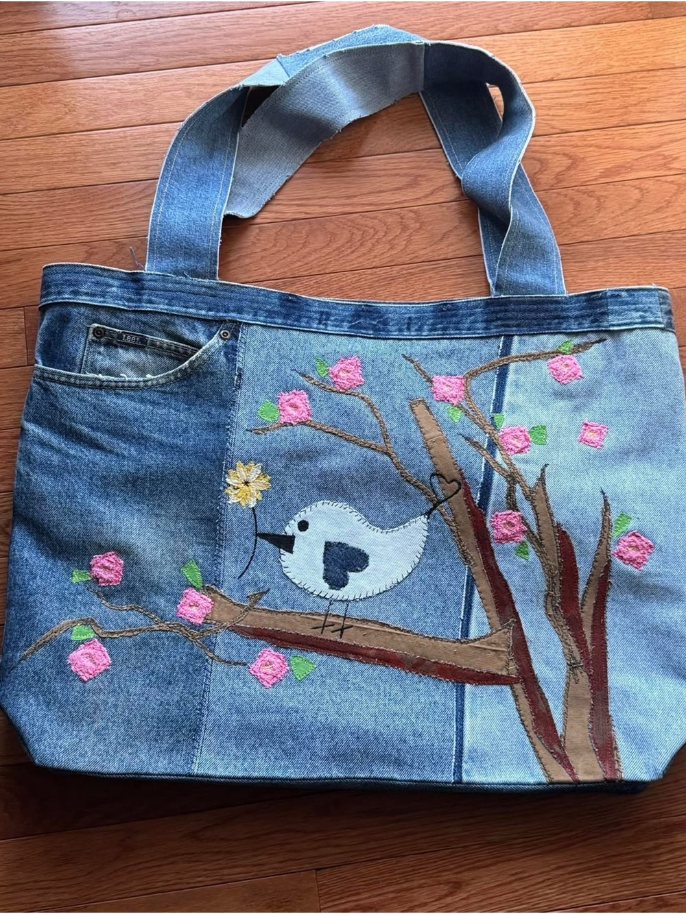 Handcrafted “Cherry Blossoms & Blue Bird” Oversized Denim Tote
